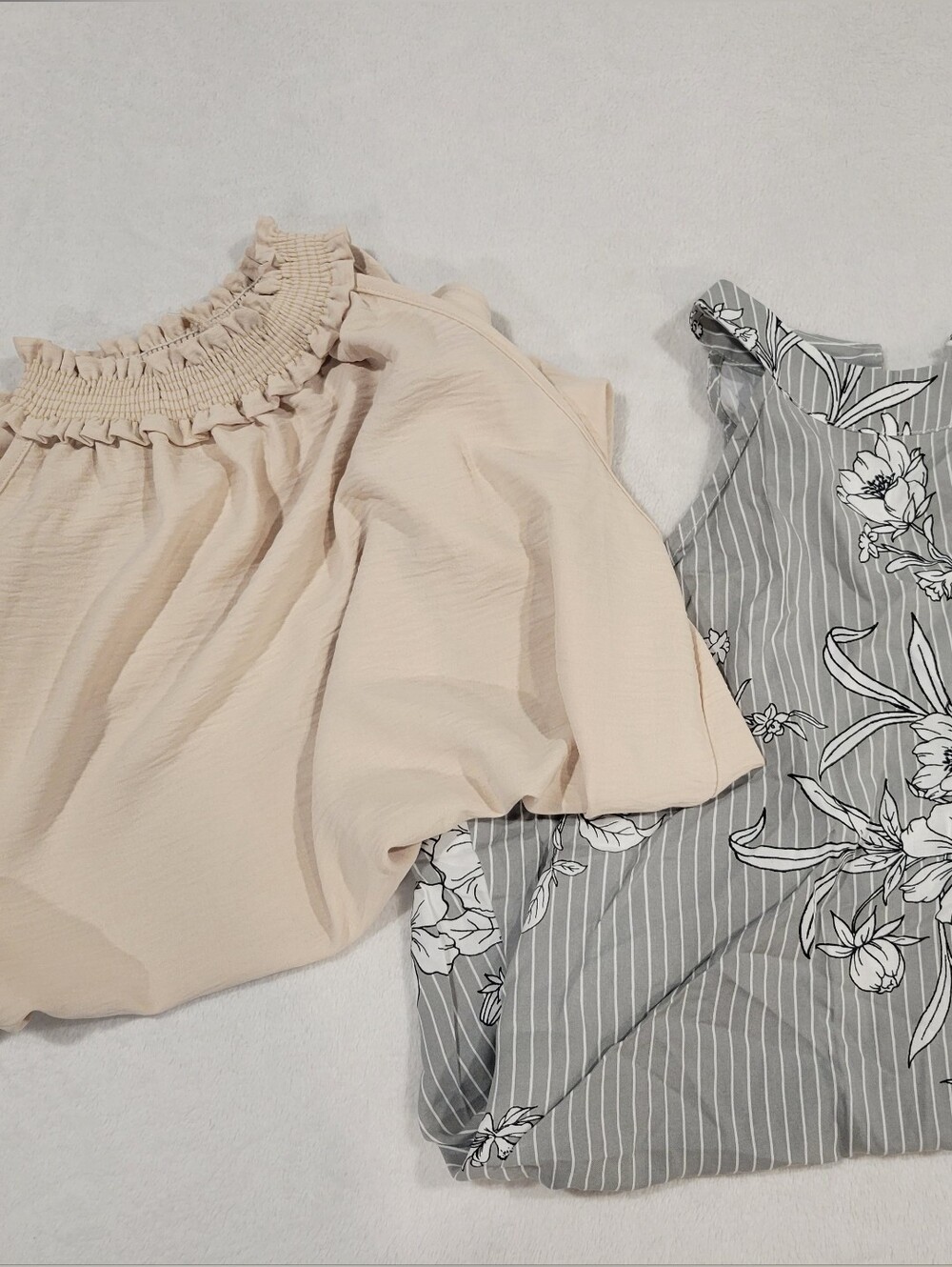 Two-Piece Women's Top Set — Cream Smocked Blouse + Gray Floral Tank